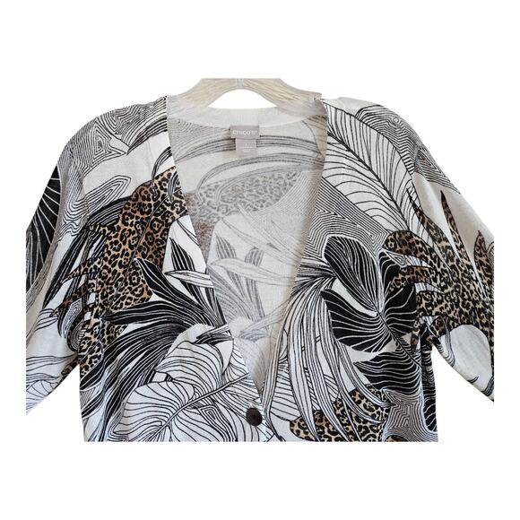 CHICO'S 1 Women M Cardigan Sweater Button Up Leaves Leopard Art to Wear Bust 38" - Picture 2 of 7